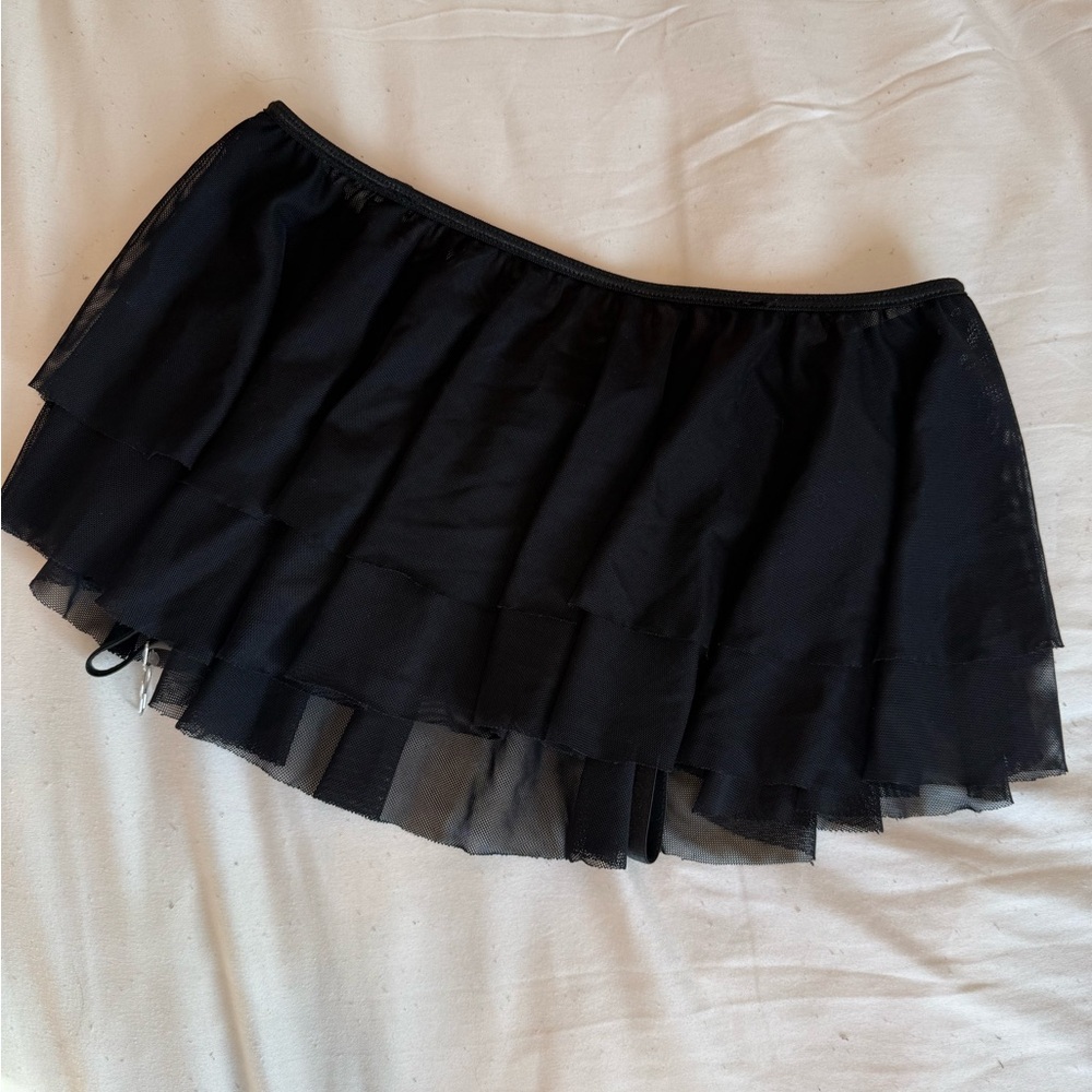 Black ruffle mesh skirt with adjustable suspenders